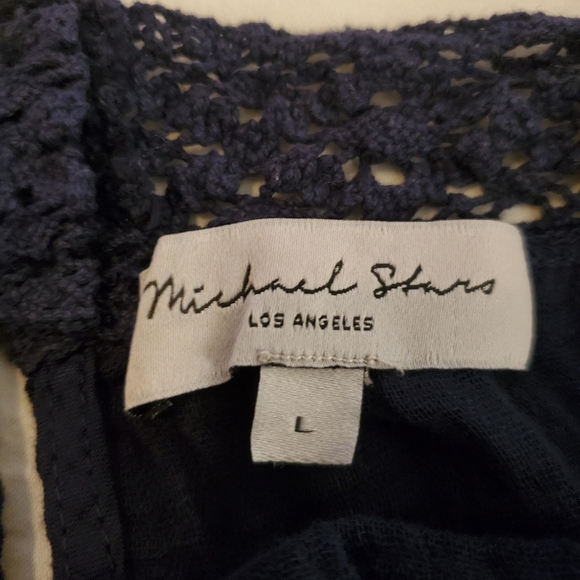 MICHAEL STARS Jodi Navy Blue Gauzy Cotton Cinch Waist Crochet Detail Jumpsuit L - Picture 11 of 12